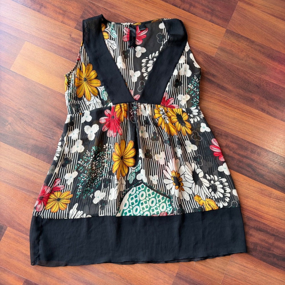Hot Alley Floral Striped Tunic Top‎ Sleeveless V-Neck Mixed Print Boho Womens M